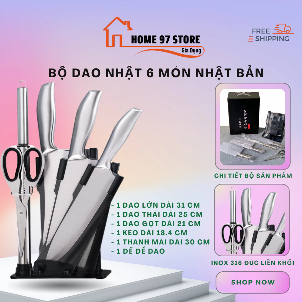 Bộ dao kéo Nhật SEKI, bộ dao nhà bếp có đế cắm tiện tích, làm từ thép không gỉ siêu bền