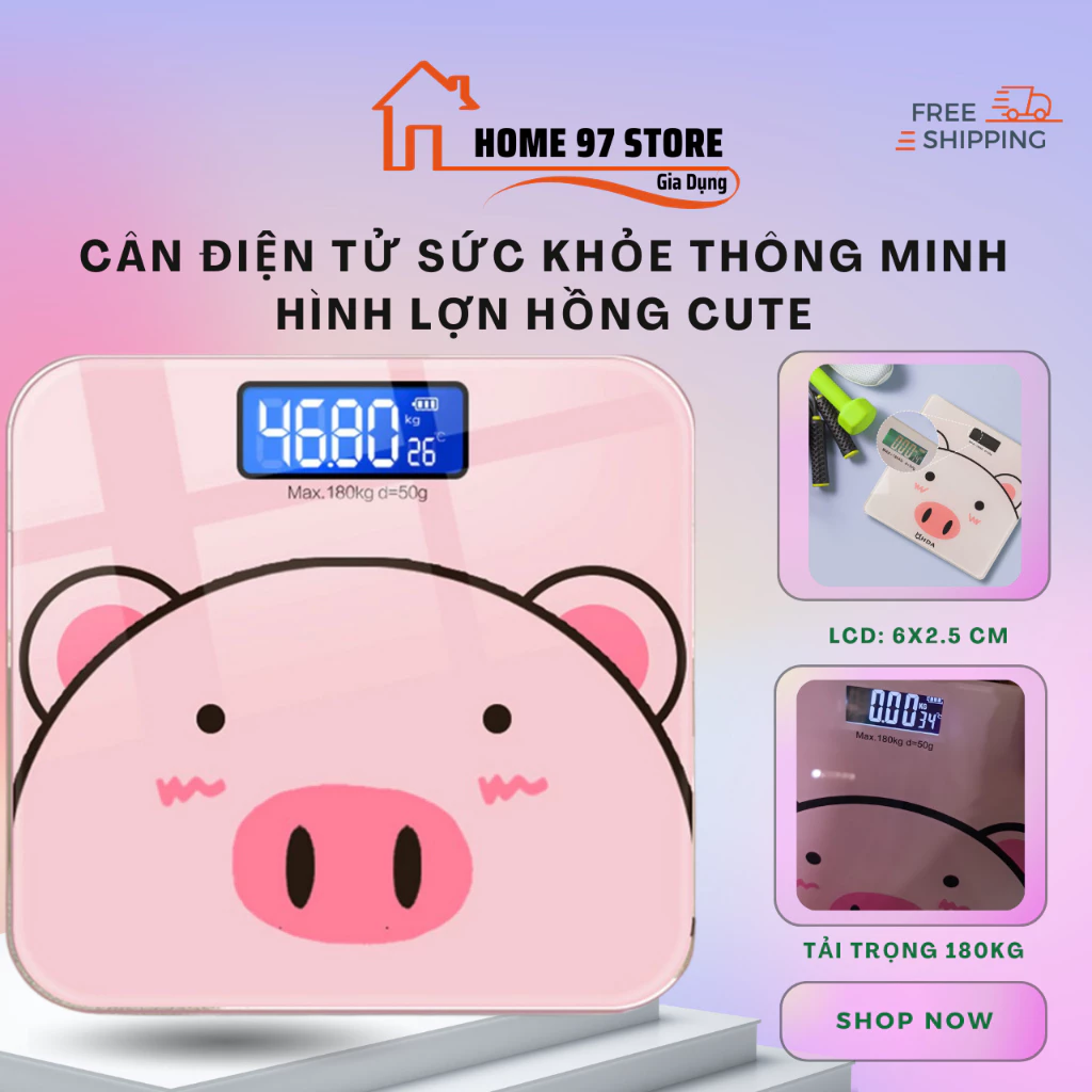 Cân Điện Tử Tiện Ích, Cân Sức Khỏe Hình Heo Hồng Xinh Xắn, Trọng Lượng Tối Đa 200Kg Nhỏ Gọn.