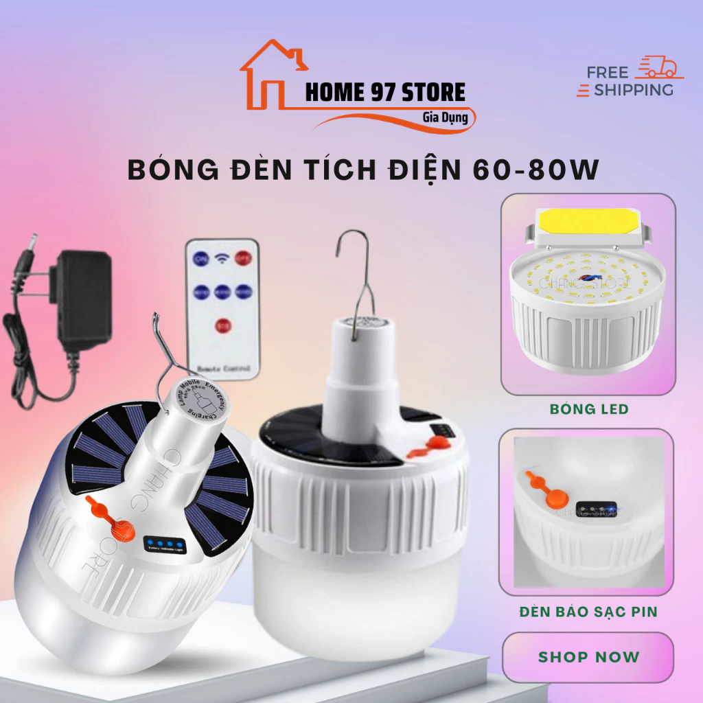 Bóng đèn tích điện 100w mới nhất có remote điều khiển, tích hợp sạc bằng năng lượng mặt trời tiện lợi.