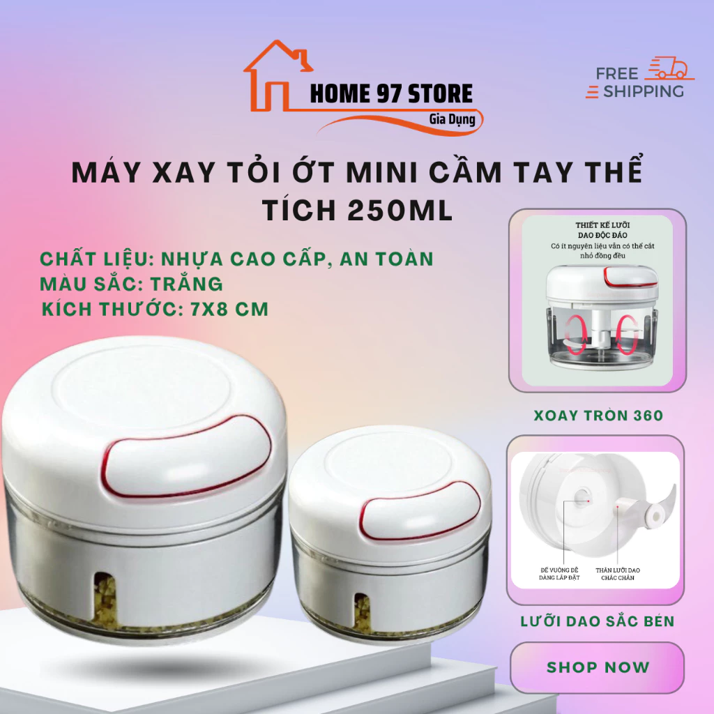 Máy Xay Tỏi Cầm Tay Mini Đa Năng, Xay Gia Vị Tiện Lợi Có Dây Kéo.