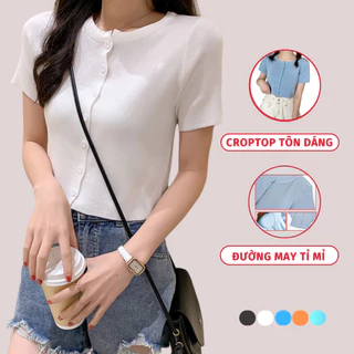 Áo Thun Croptop Nữ Cổ Tròn Ngắn Tay Khuy Cúc Madela Vải Thun Co Giãn Mềm Mịn, Croptop Cổ Tròn Ngắn Tay Nữ