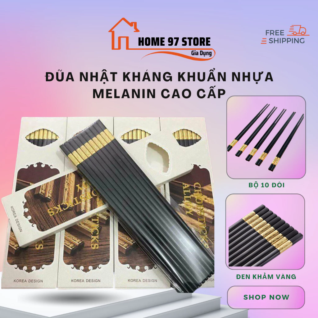 Bộ 10 Đôi Đũa Mạ Vàng Cao Cấp, Chống Mốc, Chống Trơn Trượt Bền Màu Cao, An Toàn Khi Sử Dụng.