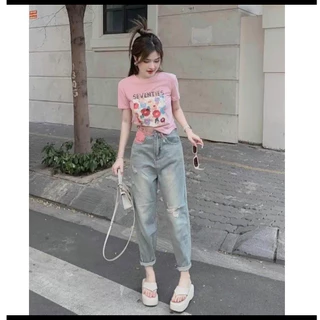 Quần jeans baggy nữ cạp cao phối đai hồng dễ thương, chất bò mềm chuẩn fom không dãn