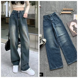 Quần jeans nữ lưng cao màu retro hottrend, Quần bò suông hack dáng, chất bò mềm không dãn