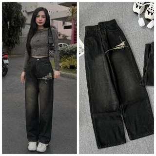 Quần jeans ống rộng nữ lưng cao kiểu mới màu retro hottrend, Quần bò suông hack dáng, chất jean mềm không dãn