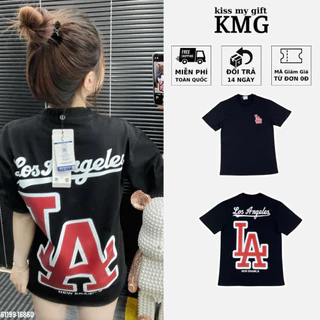 Áo thun nữ MLB logo LA chữ đỏ - Áo phông nữ form rộng cổ tròn vải cotton khô phong cách streetwear hot trend brand KMG