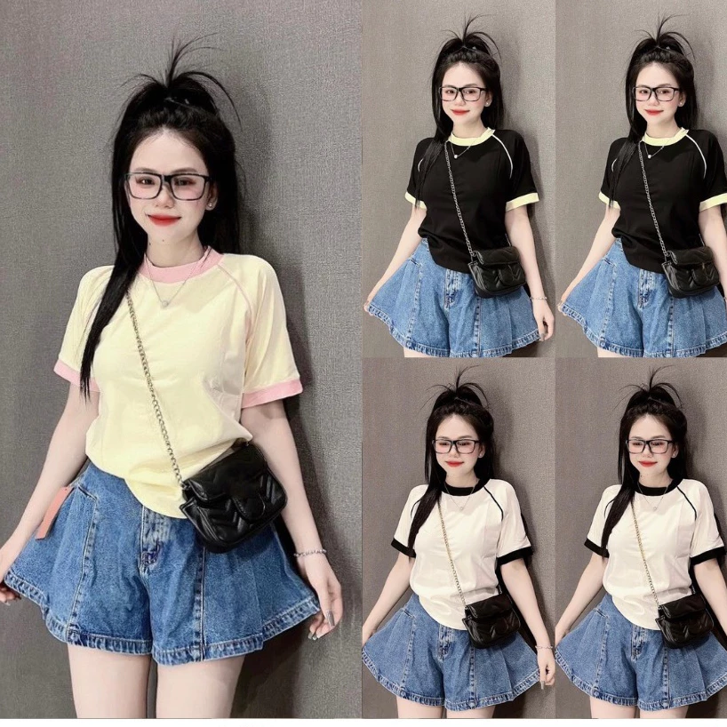 Áo thun baby dáng lửng croptop trơn cổ lé phối mí tay TONGKHOSI