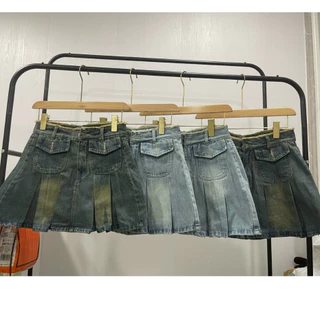 Chân váy dáng ngắn xếp ly kèm quần bảo hộ, chân váy jeans dáng chữ A phối 2 túi trước dễ thương