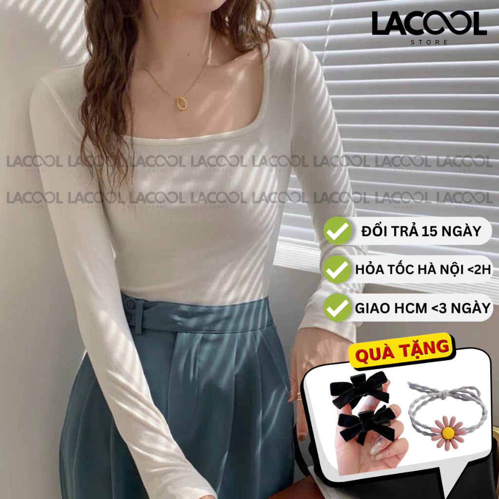 Áo Croptop Nữ Dài Tay Cổ Vuông LACOOL Chất Liệu Thun Cotton Dáng Ôm Body Co giãn 4 Chiều Thoáng Khí 4 Màu Basic LA04