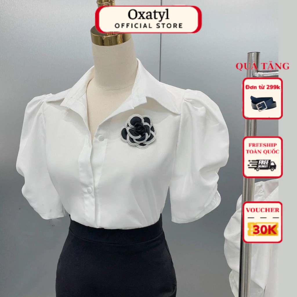 Áo Sơ Mi Nữ Màu Trắng Oxatyl Tay bồng Tặng kèm Phụ Kiện Hoa Cao Cấp Chất Vải Cotton co dãn nhẹ A105