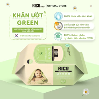 1 Thùng 10 Gói Khăn ướt RicoBaby Green Cao Cấp, Không Mùi, Lành Tính, An Toàn Cho Vùng Quanh Mắt, 1 gói 100 tờ