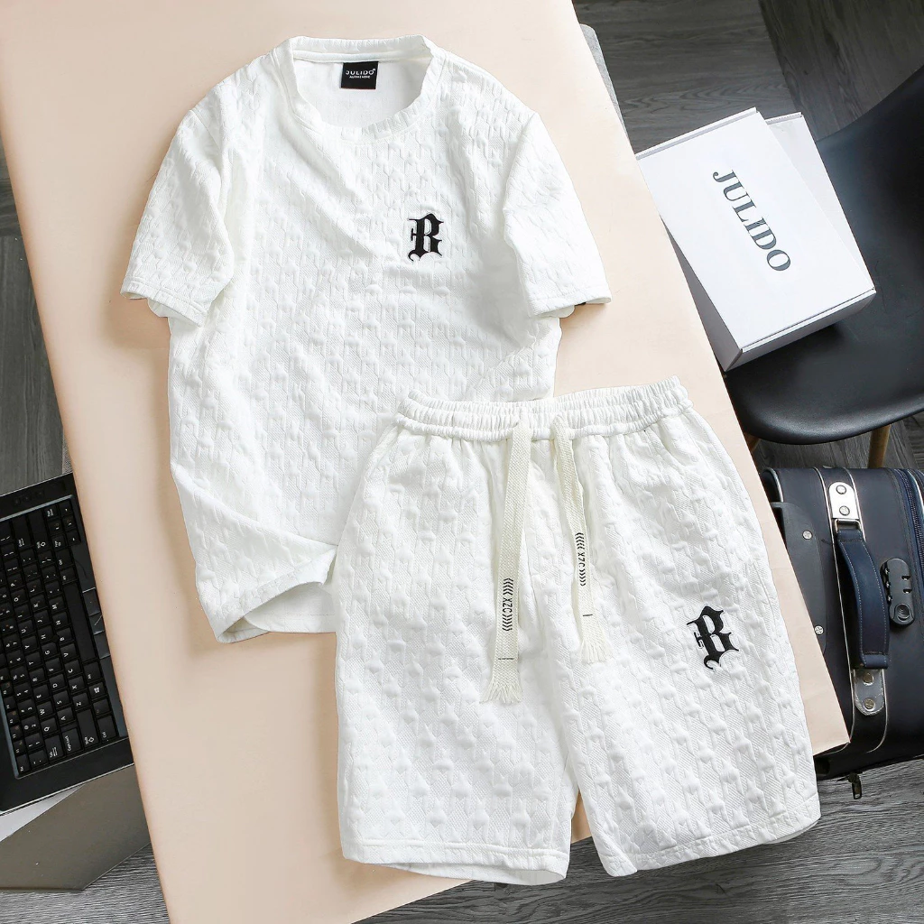 Bộ xốp Nam Nữ ngắn tay unisex. Bộ nam nữ dập vân nổi thêu chữ B cao cấp, bộ cotton xốp nam nữ cộc tay mặc mùa hè