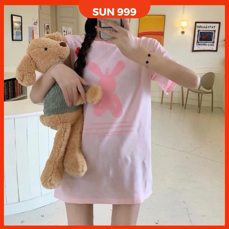 Áo thun thỏ hồng form rộng tay lỡ, áo phông in hình siêu cute