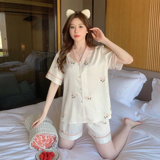 [DL11] Bộ Ngủ Mặc Nhà Pijama Lụa Cộc Tay, Họa Tiết Dễ Thương, Nữ Tính Phong Cách Hàn -HÀNG QUẢNG CHÂU