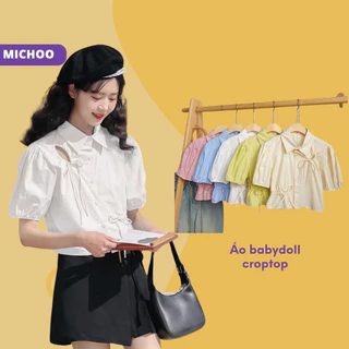 Áo Babydoll Tay Bồng Croptop MICHOO Rút Dây Thắt Nơ Nữ Tính