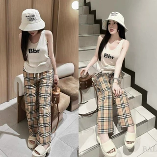 Set đồ bộ nữ áo thun hai dây mix quần kẻ caro ống rộng phù hợp đi chơi, dạo phố [848]