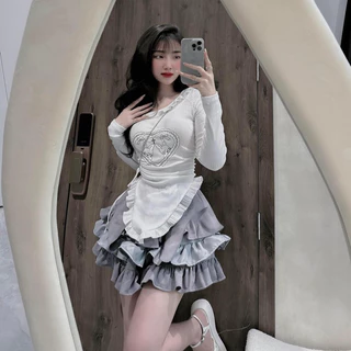 SET ÁO RỚT VAI TIM CHÂN VÁY LOLITA XÁM