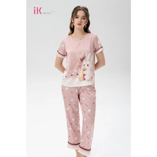 Set pijama IK lụa luxury cao cấp, họa tiết thỏ xinh xắn, kiểu áo cộc tay quần dài cổ tròn, chất mềm thoáng mát