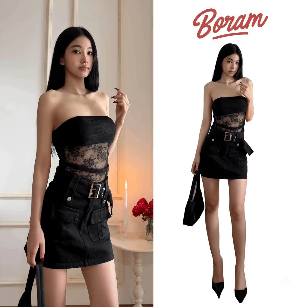 Chân váy túi hộp kaki nữ thắt lưng bản to BORAM SG (có quần trong)