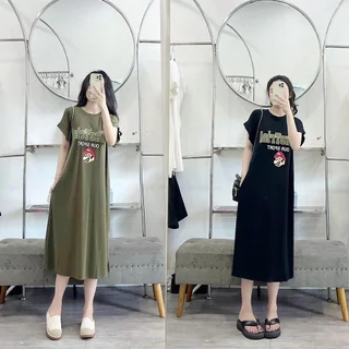 Váy thun dáng dài, đầm suông bầu chất cotton Gemmy Shop in chữ  Tris new