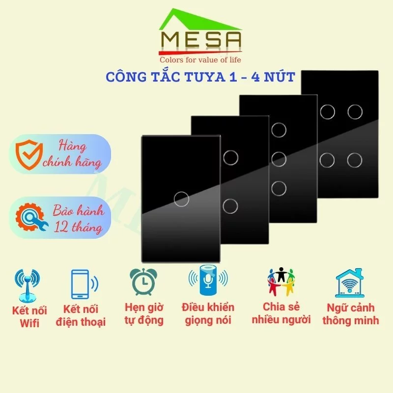 Công Tắc Cảm Ứng Thông Minh Tuya 1/2/3/4 Nút Gắn Tường, Wifi, điều khiển từ xa qua điện thoại, tích hợp Alexa Và Trợ Lý