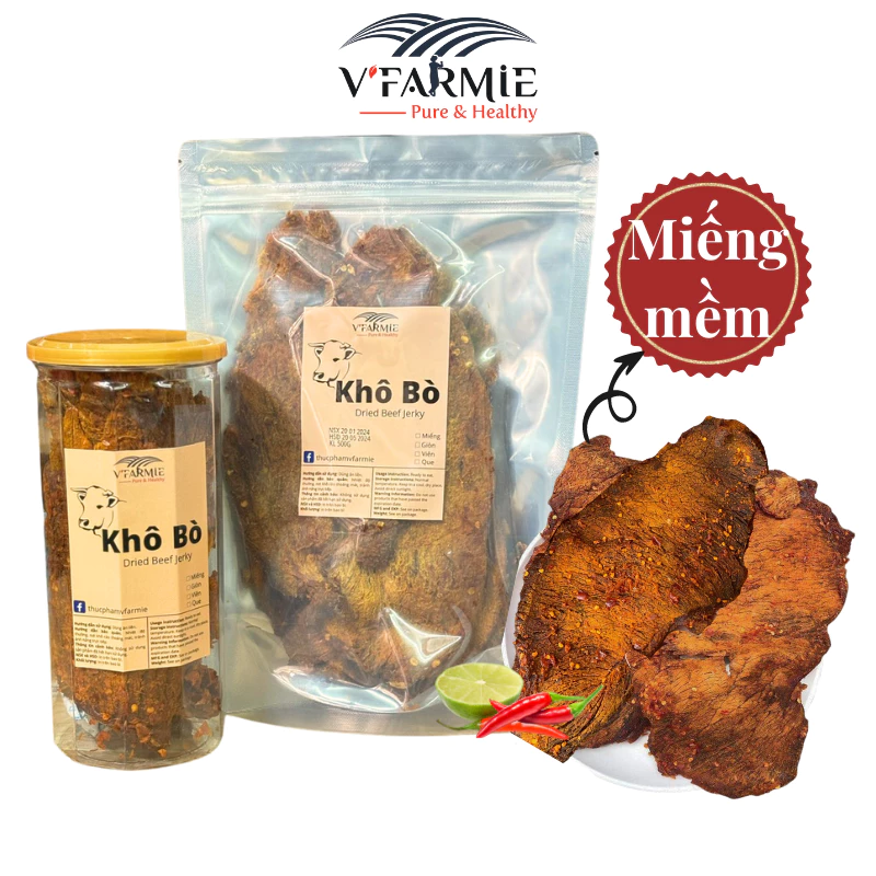 Khô bò miếng mềm hũ 300g - bò khô ăn vặt Vfarmie Sài Gòn