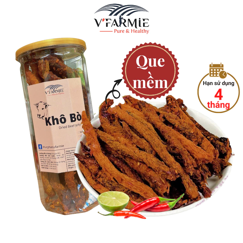 Khô bò que Hồng Ngự hảo hạng hũ 250g mềm ngon - bò khô ăn vặt VFarmie Sài Gòn