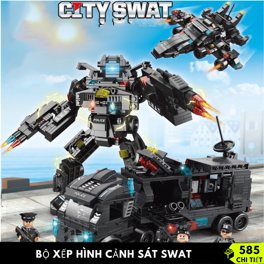 [HỎA TỐC ] Bộ đồ chơi logo xếp hình Cảnh Sát đội đặc nhiệm SWAT mô hình lắp ráp Robot và Máy Bay 585 CHI TIẾT
