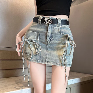 Chân váy jeans nữ phối túi hộp kèm dây nơ (không kèm đai)_BUN222