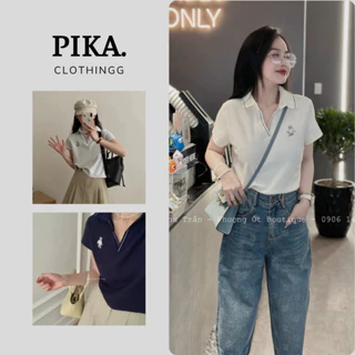 Áo polo nữ cổ V chỉ nổi thêu gấu dáng lửng, áo thun polo nữ mẫu mới 2024 PIKA.CLOTHINGG