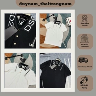 Áo polo nam cổ bẹ DSQ cotton gai cá sấu cổ dệt chữ trắng phối đen thêu khoá zip hai vai cúc cài vàng PL107P - Duy Nam Sh