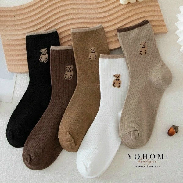 Set 5 Đôi Vớ Nữ Cổ Cao Hoạ tTết Hình Gấu, Chất Liệu Cotton Khử Khuẩn Thoáng Khí, Cực êm Chân - Tất Gấu