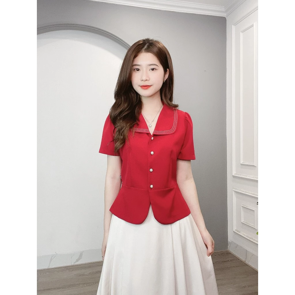 Áo Sơ Mi Peplum Cổ 2 Lá Viền Chần Chỉ Min House