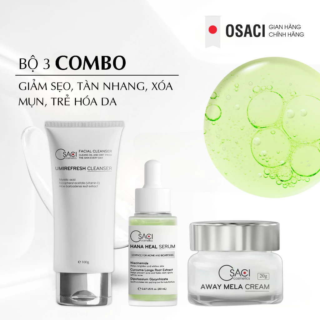 Bộ 3 ngừa mụn, thâm, mờ sẹo, dưỡng trắng da Osaci gồm Serum Hana Heal 20ml + Kem dưỡng Away Mela 20g + Sửa Rửa Mặt 100g