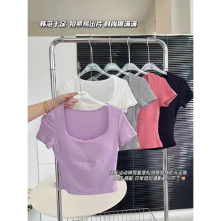 Áo cộc tay croptop cổ vuông kèm đệm mút bảng màu basic siêu xinh