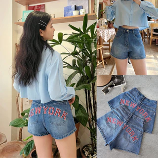 Quần short Jean Nữ thêu chữ NY Cạp Cao Chất Jean Dày Dặn