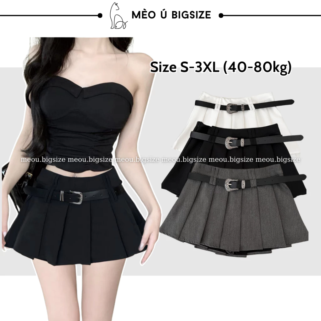 Chân váy nữ BIGSIZE chân váy ngắn xếp ly xòe kèm dây lưng 5911