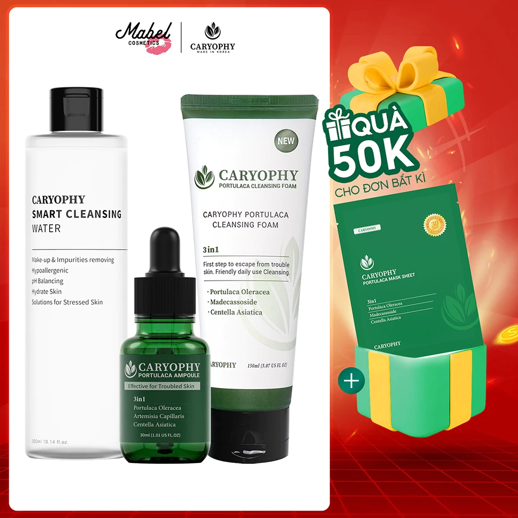 Combo chăm sóc da giảm mụn mờ thâm Caryophy Portulaca (Nước tẩy trang 300ml + Sữa rửa mặt 150ml + Serum 30ml)