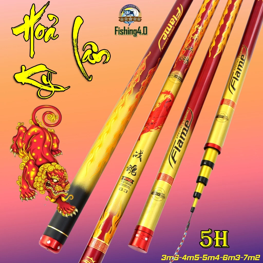 Cần câu Tay Hoả Kỳ Lân 5H Tặng kèm ngọn phụ đủ size 3m6 4m5 5m4 6m3 - BB48