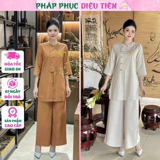 Pháp phục đi chùa nữ chất linen thêu hoa sen đơn giản - Pháp Phục Diệu Tiên