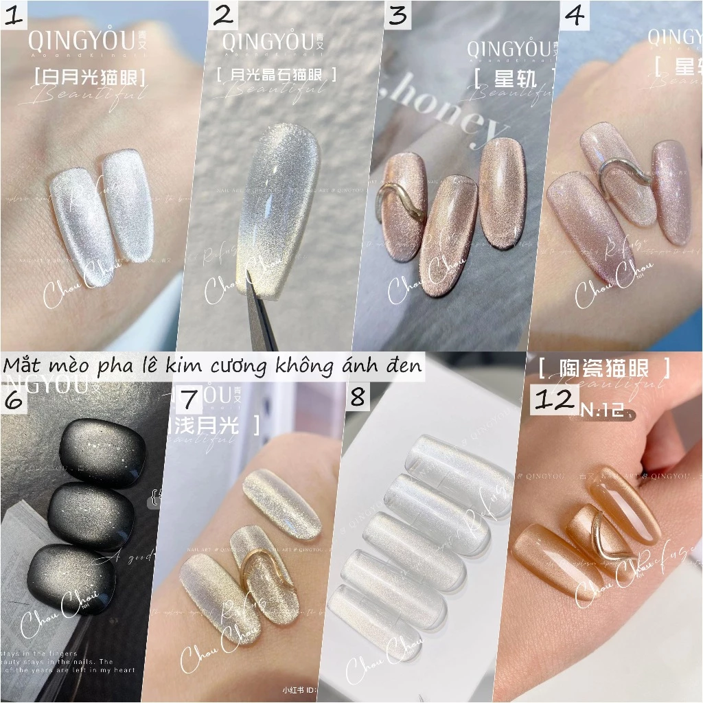 Mắt mèo kim cương bạc không ánh đen, mắt mèo kim cương đủ màu, mắt mèo cực quang phụ kiện nail chính hãng