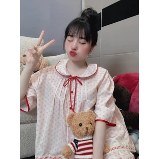 N45 pijama cộc đùi bánh bèo cho nữ họa tiết chấm bi - Bộ ngủ mặc nhà hàng quảng châu cao cấp- Bộ cộc tiểu thư mặc ngủ