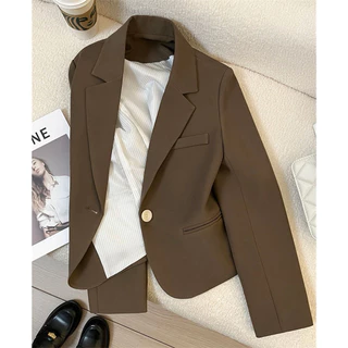 Áo blazer nâu dáng ngắn cao cấp 2 lớp có đệm vai