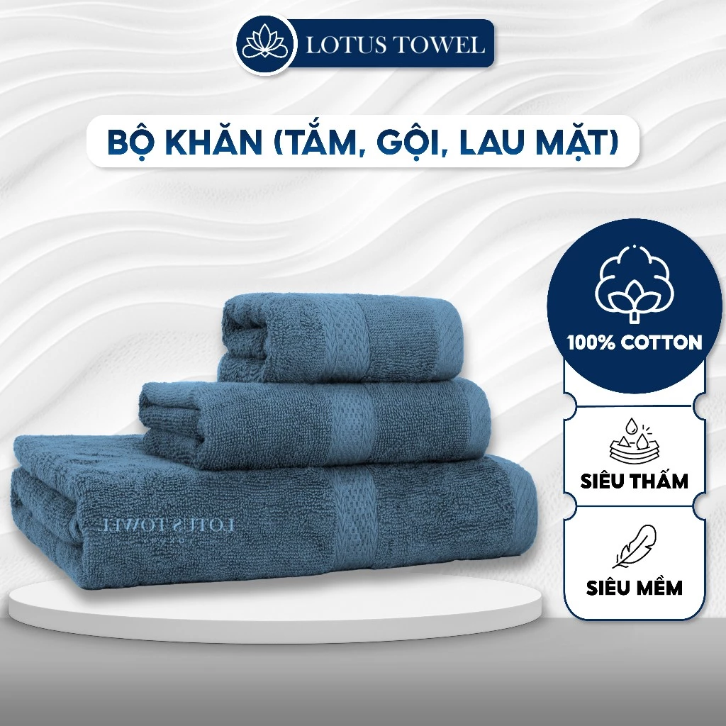 Bộ Khăn Tắm, Khăn Mặt, Khăn Gội LotusTowel 100% Cotton, Mềm Mịn Thấm Hút, Không Ra Màu, Dùng Cho Gia Đình Spa Khách Sạn