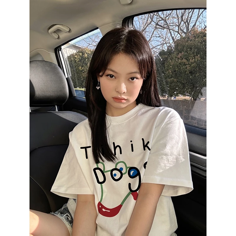 Tihiks chó in ấn áo phông nữ oversize cổ tròn100%cotton áo thun tay ngắn Focus local brand