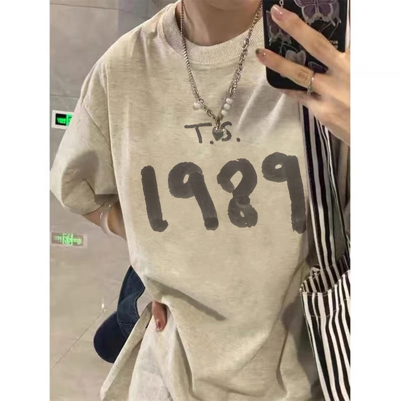 Xám tiêu in ấn số 1989 áo phông nữ oversize cổ tròn hàn quốc 100%cotton áo thun tay ngắn Focus local brand