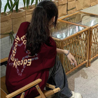 Áo phông nữ Đỏ mận in ấn ngôi sao năm cánh oversize cổ tròn hàn quốc 100%cotton áo thun tay ngắn Focus local brand