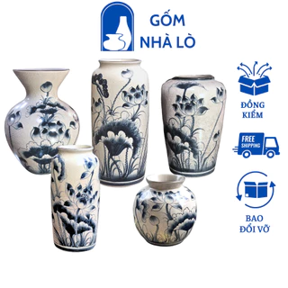 Bình Hoa Lọ Hoa Men Rạn Vẽ Sen Chàm Gốm Sứ Bát Tràng Giả Cổ Nhiều Dáng Gốm Nhà Lò