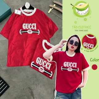 Áo Thun Gucci Thêu Logo Ngang Ngực Form Rộng Tay Lỡ Áo Phông Unisex Màu Đỏ Mix Cổ Trắng Chất Cotton Mẫu New Hotrend 2024