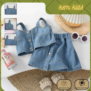 Quần áo trẻ em, quần áo hè bé gái KEMKIDS set bò jean mềm 2 dây bản to cho bé từ 8-21kg (AT004)